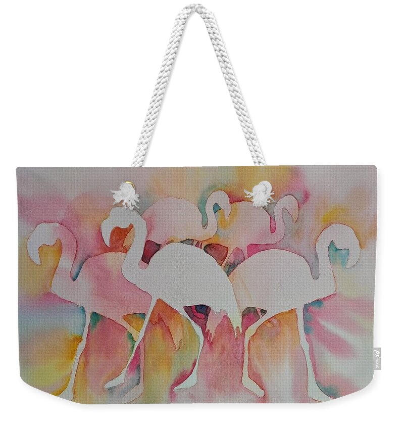 Birds Weekender Tote Bag featuring the painting Flamingos by Sandie Croft