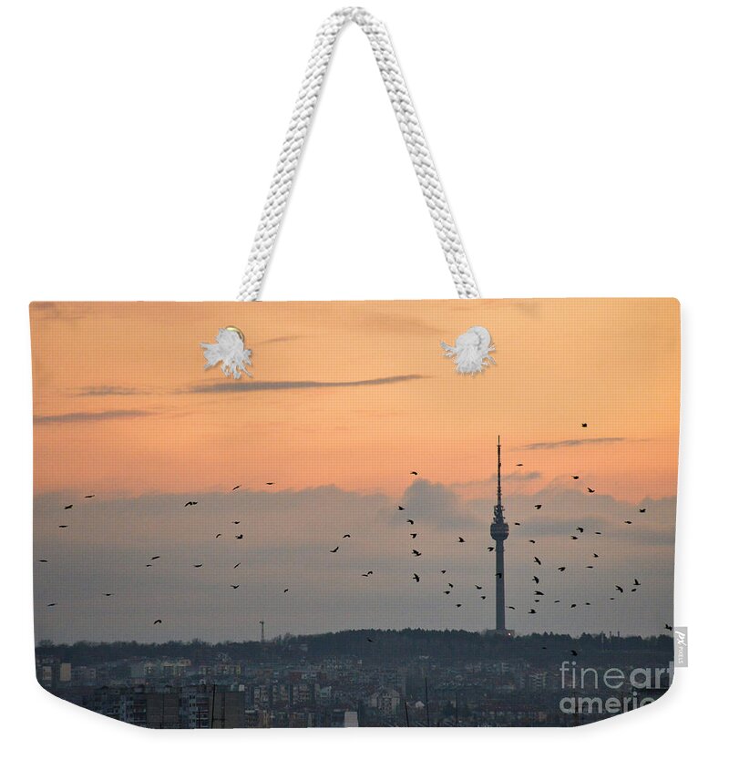 Tv Tower Weekender Tote Bag featuring the photograph Flight along the tv tower by Yavor Mihaylov
