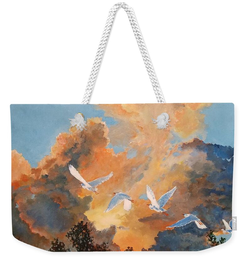 Egrets Weekender Tote Bag featuring the painting Flight before the storm by Merana Cadorette