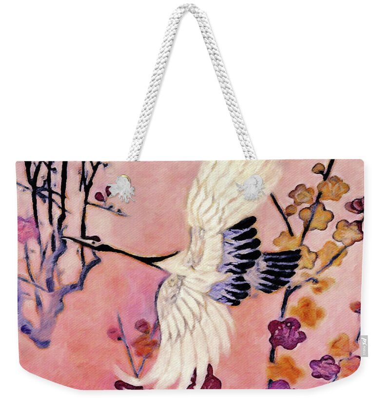 Flight Of The Cranes Weekender Tote Bag featuring the painting Flight of the Cranes - Kimono Series by Susan Maxwell Schmidt