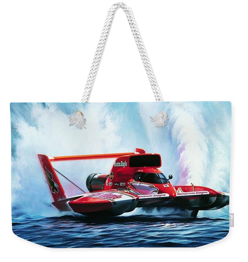 Drag Racing Nhra Top Fuel Funny Car John Force Kenny Youngblood Nitro Champion March Meet Images Image Race Track Fuel Unlimited Hydroplane Mark Tate Winston Eagle Boat Boats Weekender Tote Bag featuring the painting Flight of the Eagle by Kenny Youngblood