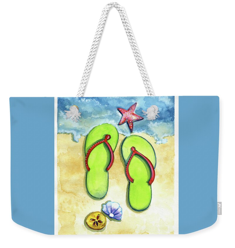 Walking On The Beach Weekender Tote Bag featuring the painting Flip Flops on the Beach by Michele Fritz