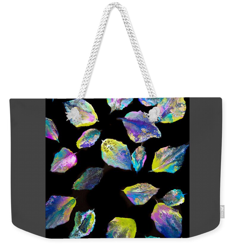 Etherial Floating Feathers Colorful Contemporary Art Modern Art Feather-art Abstract Art Weekender Tote Bag featuring the painting Floating Feathers 7045 by Priscilla Batzell Expressionist Art Studio Gallery