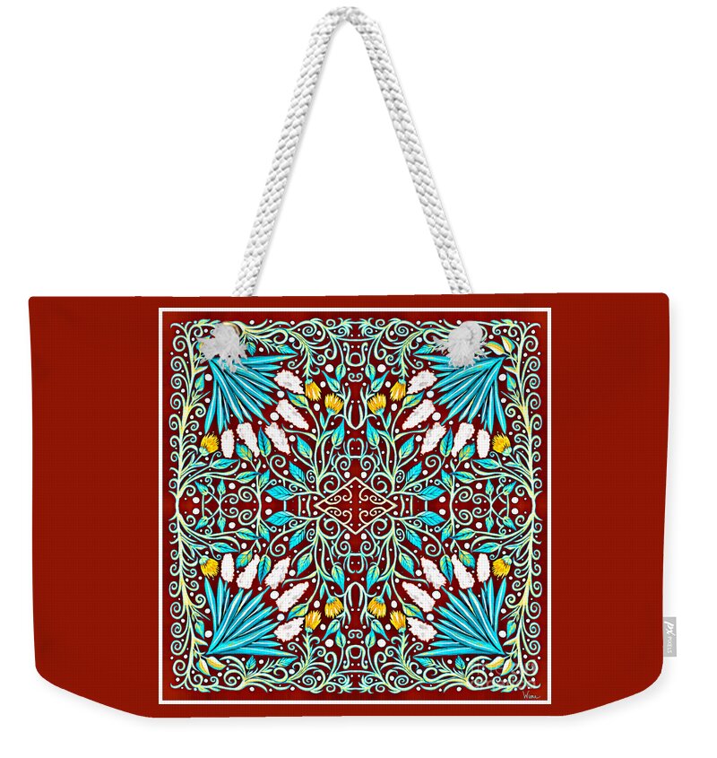 Turquoise Leaves Weekender Tote Bag featuring the mixed media Floral Design in Turquoise, Yellow and Red by Lise Winne