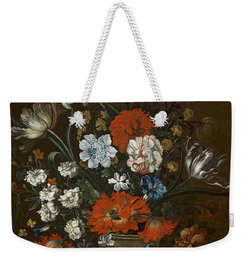 Floral Weekender Tote Bag featuring the painting Floral Still Life With Red Carnations In A Silver Vase by MotionAge Designs
