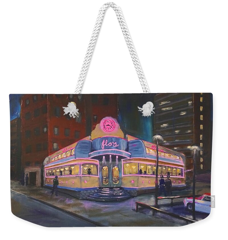Flos Weekender Tote Bag featuring the painting Flo's Diner Yorkville by Brent Arlitt