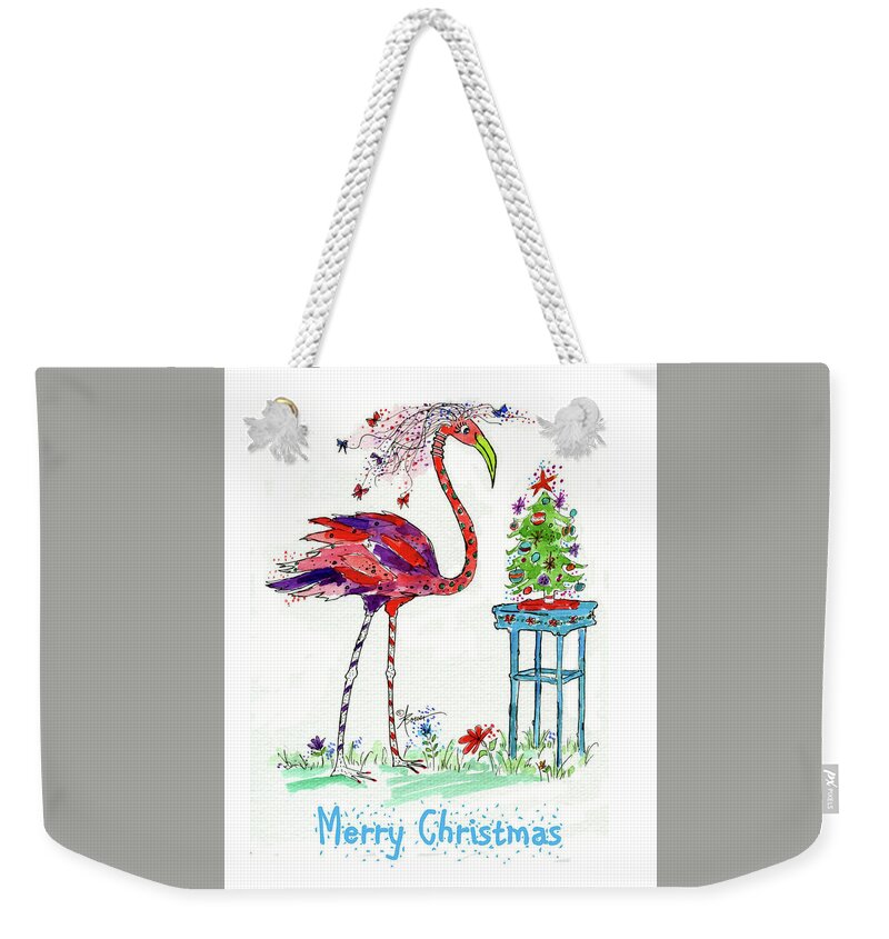 Christmas Tree Weekender Tote Bag featuring the painting Flossie Flamingo's Christmas by Adele Bower