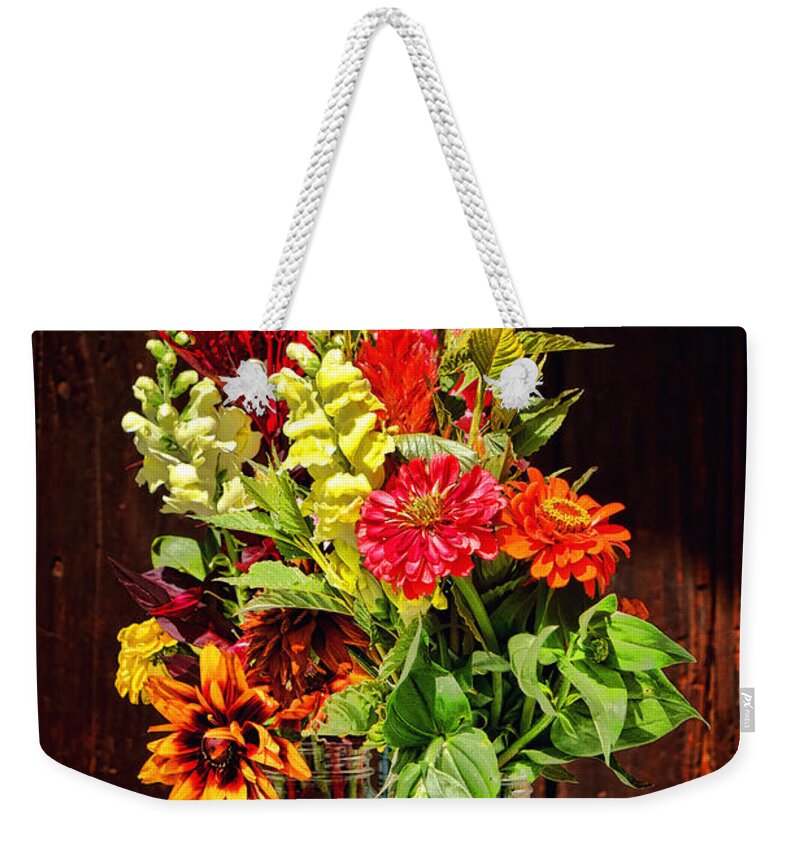 Flowers Weekender Tote Bag featuring the photograph Flower Bouquets in Mason Jars by Olivier Le Queinec