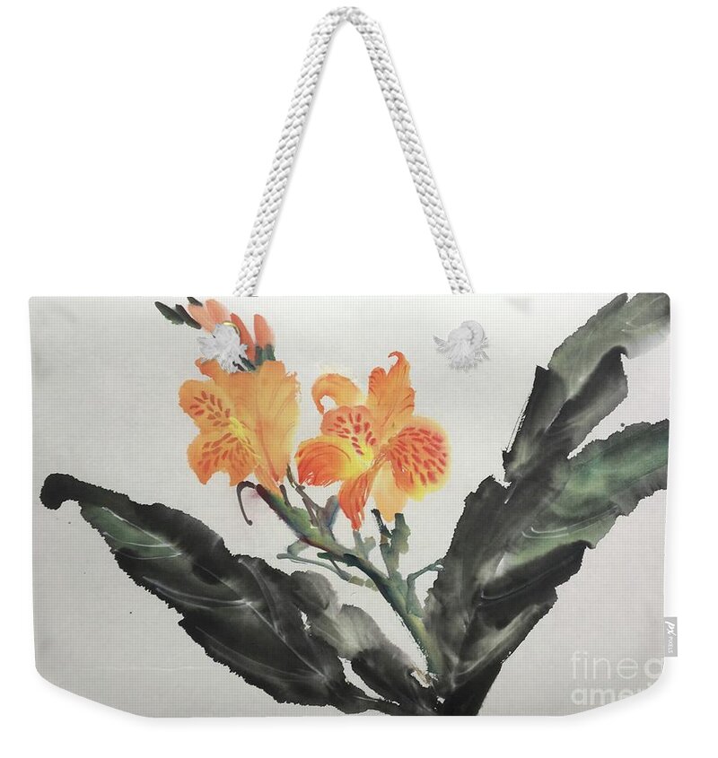 Flower Weekender Tote Bag featuring the painting Embrace Nature with Open Your Minds by Carmen Lam