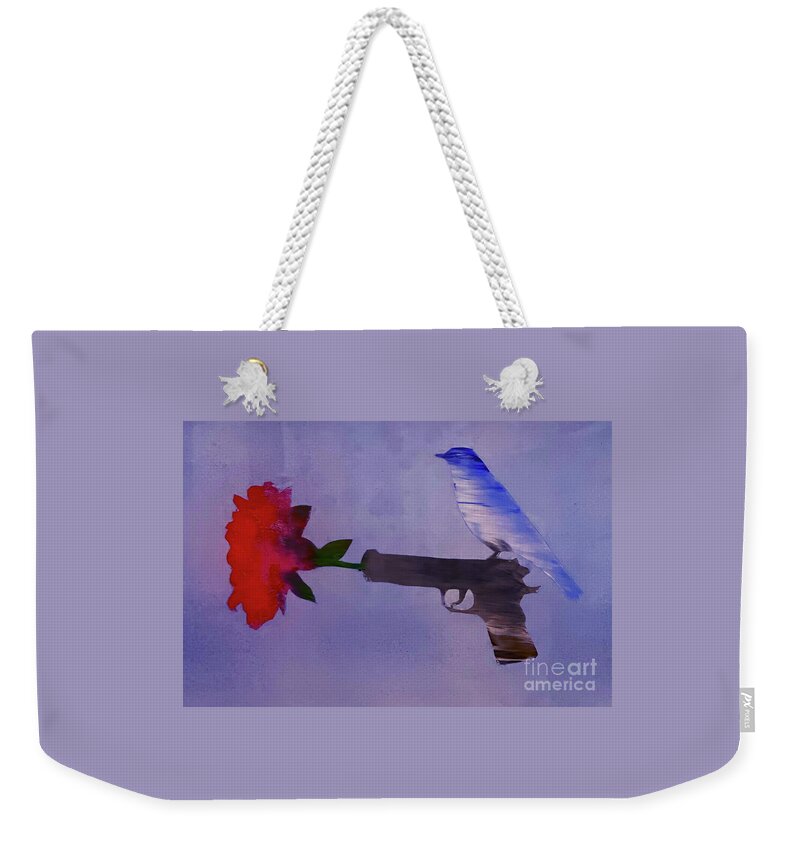 Gun Weekender Tote Bag featuring the painting Flower In A Gun by Shelley Myers