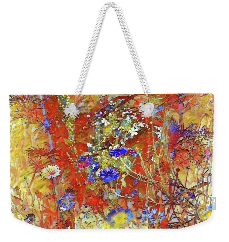 Flower Meadow Weekender Tote Bag featuring the painting Flower meadow with cornflowers Impressionism by Patricia Piotrak
