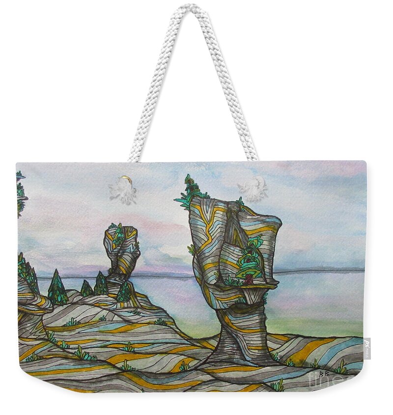 Flower Pot Island Tobermory Ontario Canada Water Colour Landscape Abstract Pillow Cushion Mask Lobby Office Decor Landmark Nature North Northern Weekender Tote Bag featuring the painting Flower Pot Island Tobermory Ontario Canada by Bradley Boug