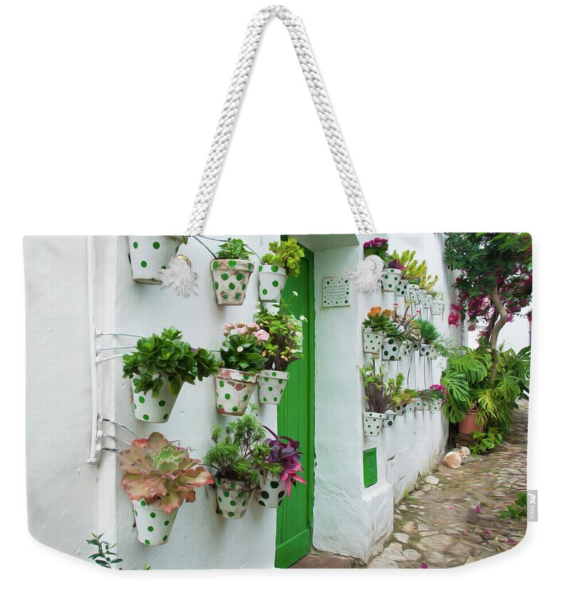 Spain Weekender Tote Bag featuring the digital art Flower Pots in Green by Naomi Maya