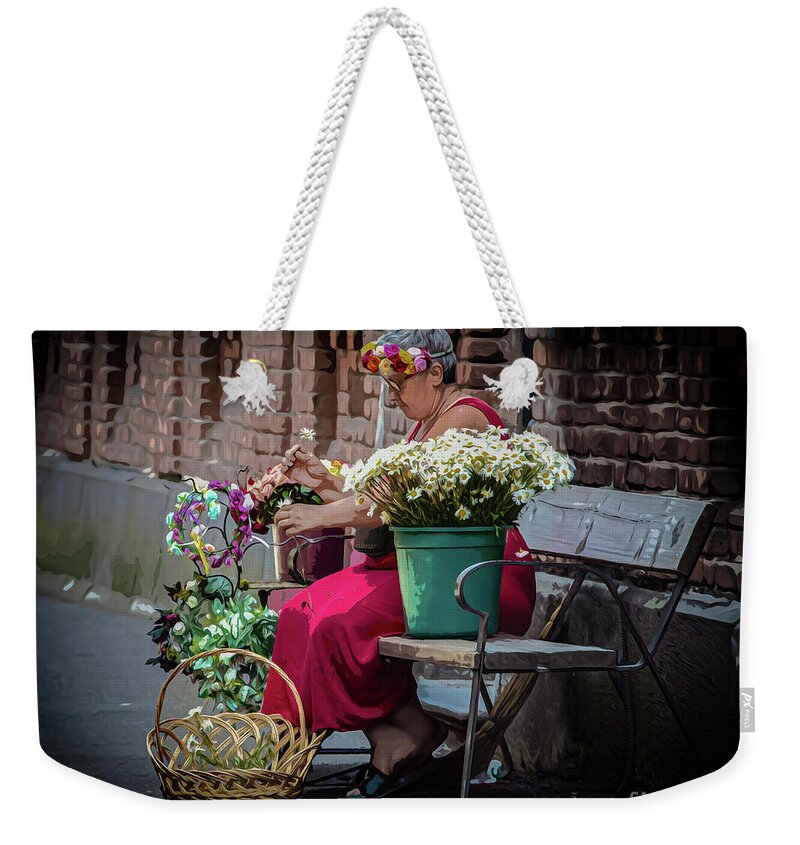 Tourists Weekender Tote Bag featuring the digital art Flower Seller by Susan Vineyard