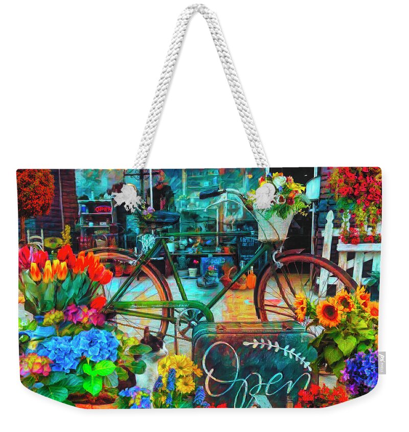 Fence Weekender Tote Bag featuring the photograph Flowers and Bike on the Sidewalk Painting by Debra and Dave Vanderlaan