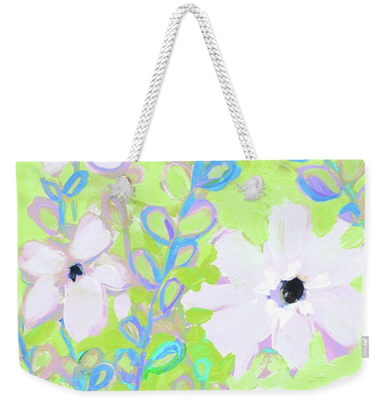 Flowers And Foliage Weekender Tote Bag featuring the painting Flowers and Foliage, Abstract Flowers, White and Lime Green by Patricia Awapara