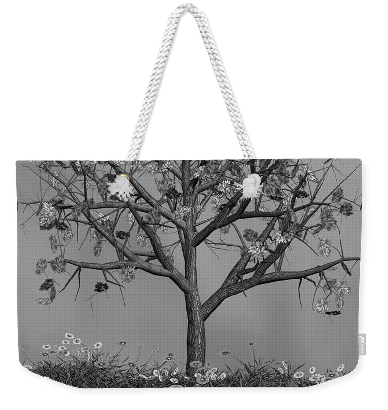 Autumn Weekender Tote Bag featuring the mixed media Flowers Beneath The Autumn Tree Black and White by David Dehner