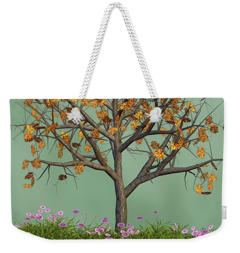Autumn Weekender Tote Bag featuring the mixed media Flowers Beneath The Autumn Tree by David Dehner