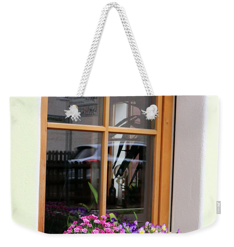 Window Box Weekender Tote Bag featuring the photograph Flowers in Window in Italian Dolomites 8828 by Jack Schultz