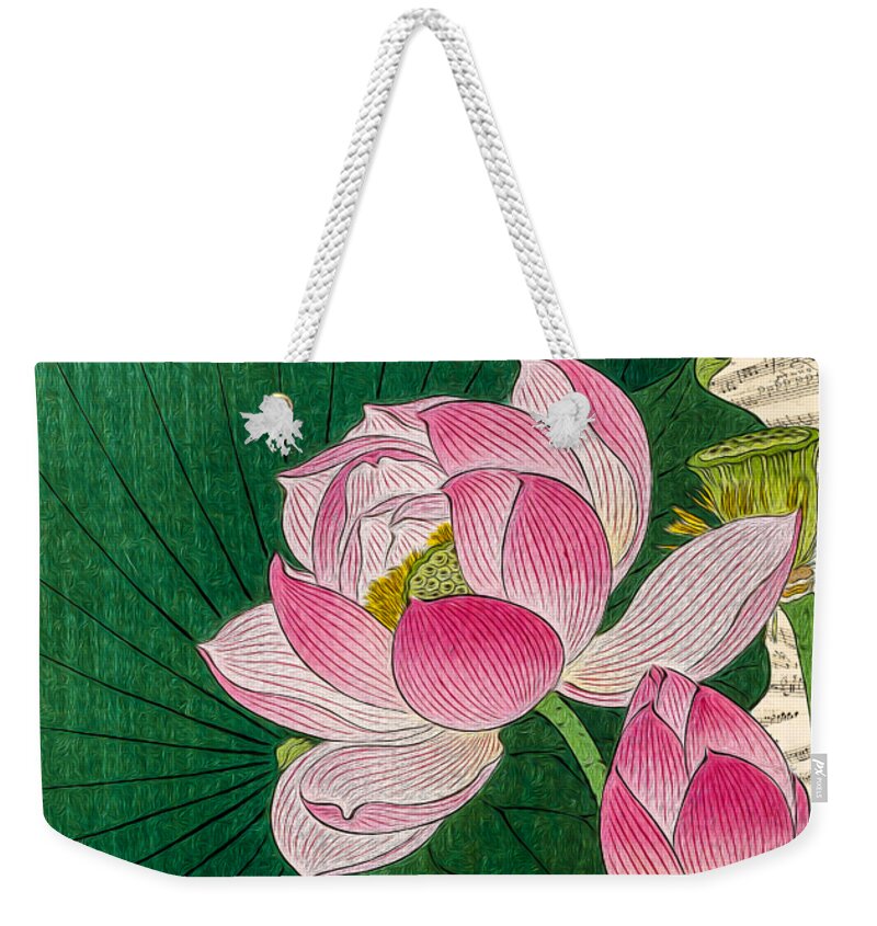 Music Art Prints Weekender Tote Bag featuring the mixed media Flowers pink water lilies on the background of musical score. by Elena Gantchikova