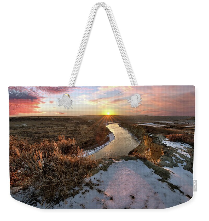 Badlands Weekender Tote Bag featuring the photograph Flowing to the Sun 2 - Sunset Panorama of Little Missouri at Wind Canyon- Badlands National Park ND by Peter Herman