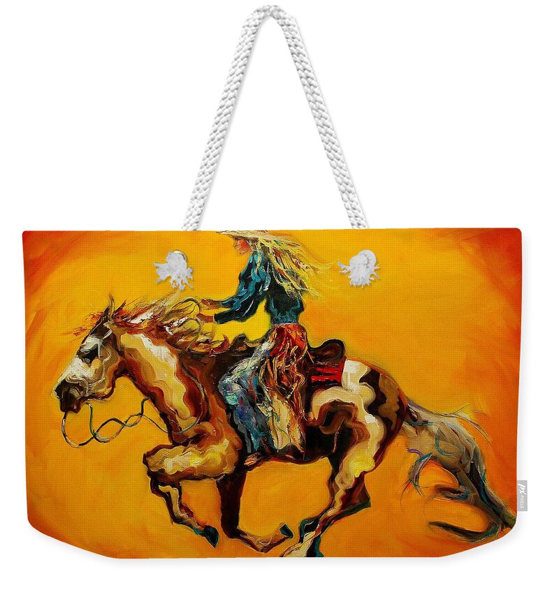 Diane Whitehead Weekender Tote Bag featuring the painting Flying Cowgirl by Diane Whitehead