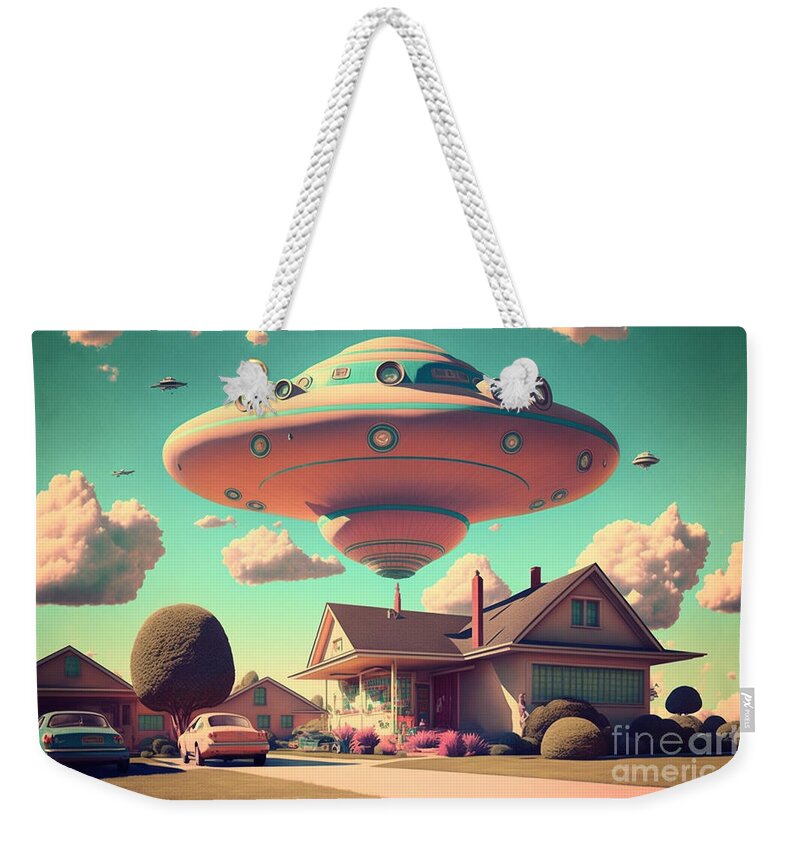 Flying Weekender Tote Bag featuring the mixed media Flying Saucer Frenzy I by Jay Schankman