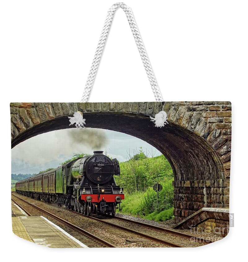Steam Train Weekender Tote Bag featuring the photograph Flying Scotsman in full flight. by David Birchall