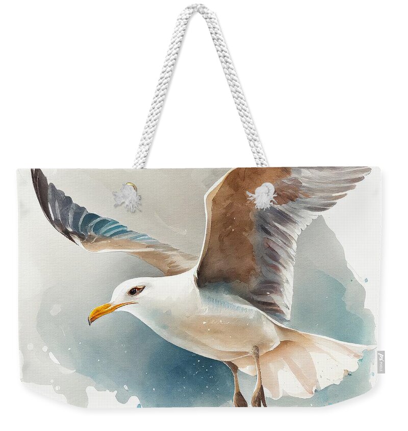 Seagull Weekender Tote Bag featuring the painting Flying Seagull by My Head Cinema