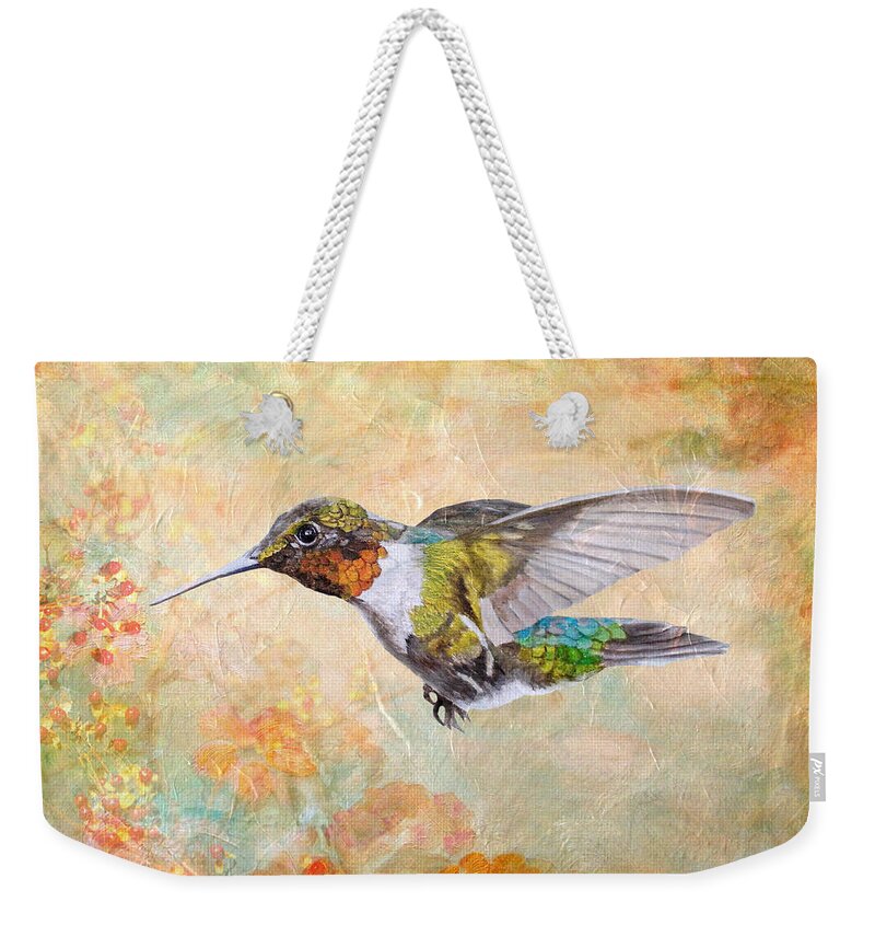 Hummingbird Weekender Tote Bag featuring the painting Flying To The Berries by Angeles M Pomata