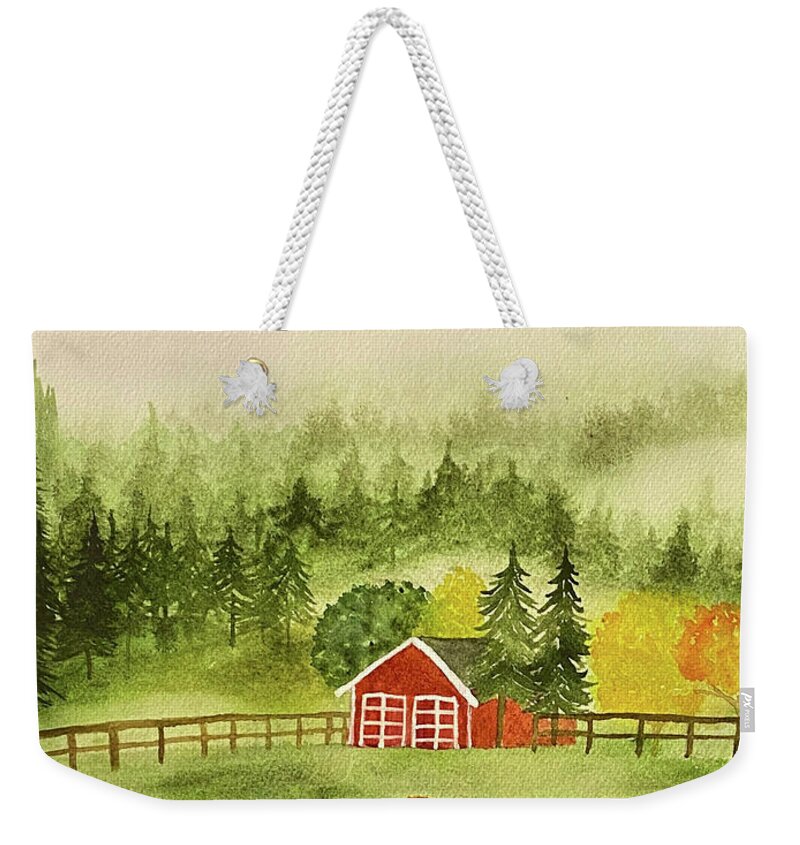 Fall Weekender Tote Bag featuring the painting Foggy Farm by Lisa Neuman