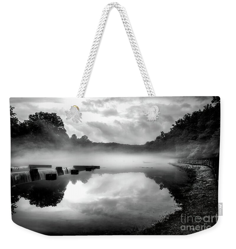 Fog Weekender Tote Bag featuring the photograph Foggy Morning at the Weir by Shelia Hunt