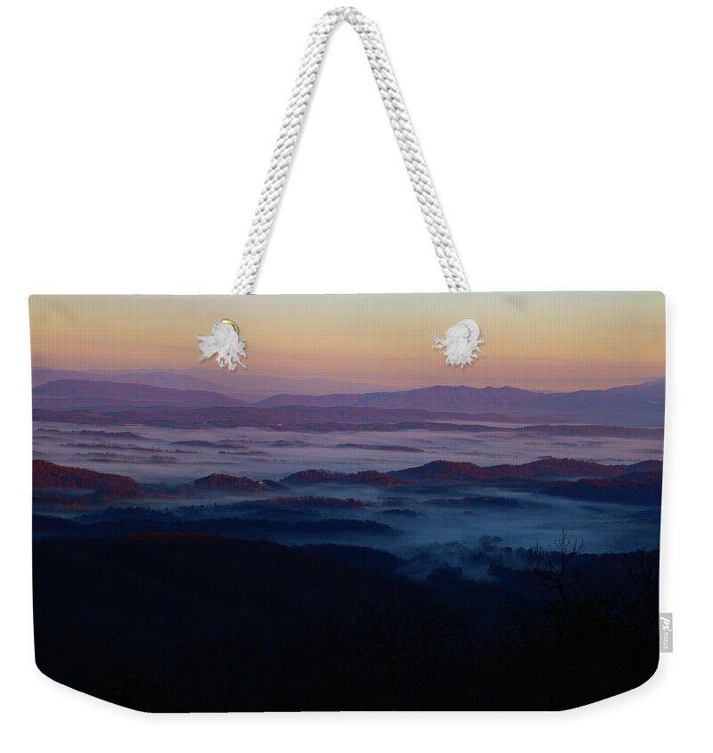 Blue Ridge Parkway Weekender Tote Bag featuring the photograph Foggy Sunrise by Deb Beausoleil