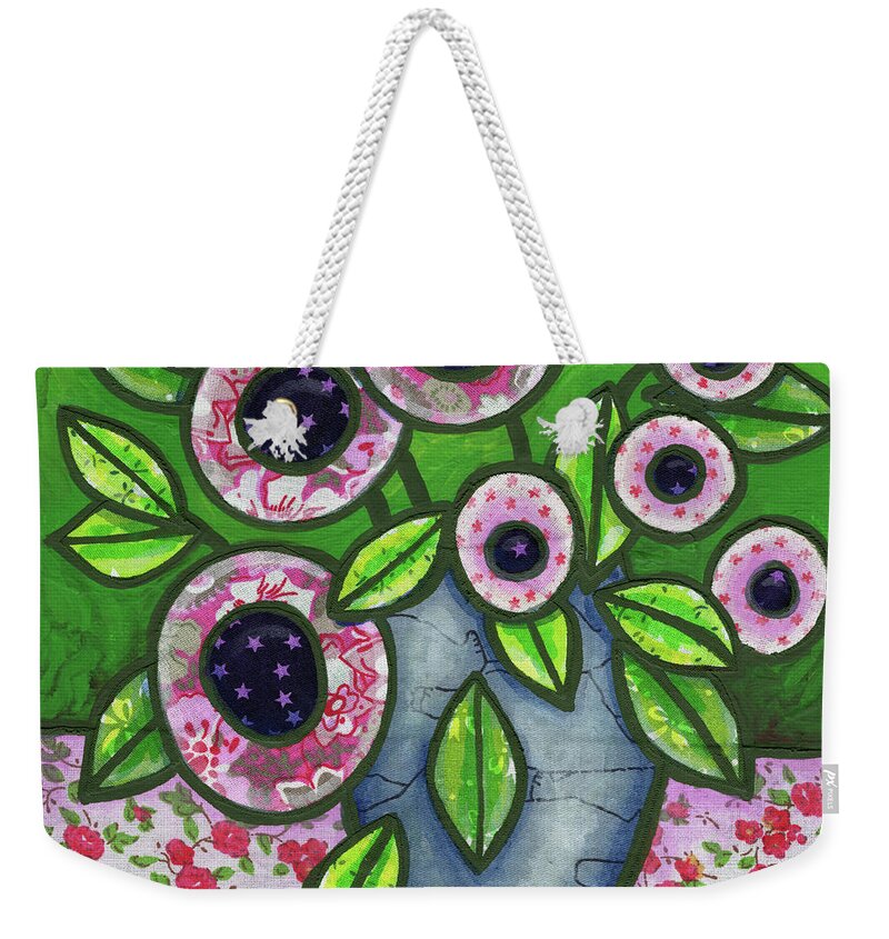 Abstract Weekender Tote Bag featuring the painting Folk Art Flowers In A Vase 2 by Amy E Fraser