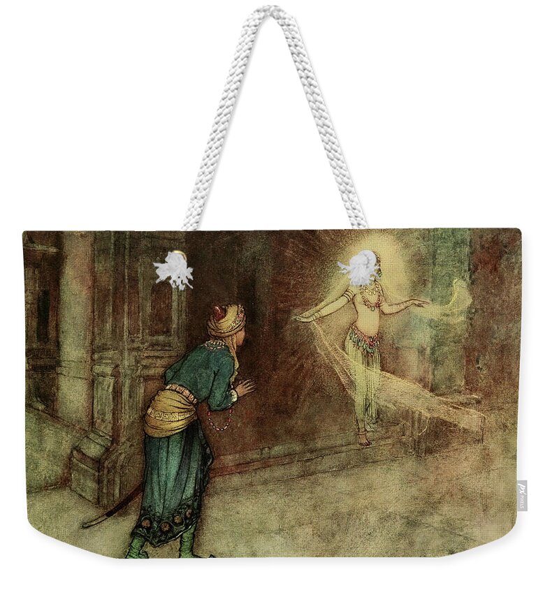 Warwick Goble Weekender Tote Bag featuring the drawing Folk Tales of Bengal 1912 He saw a beautiful woman by Warwick Goble