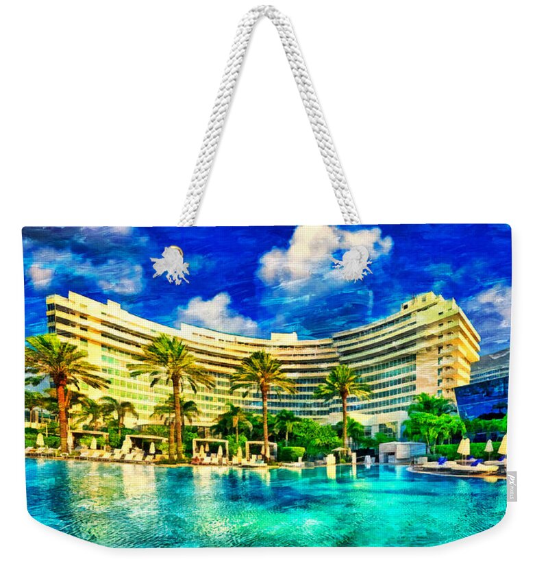 Fontainebleau Miami Beach Weekender Tote Bag featuring the digital art Fontainebleau Miami Beach seen from the swimming pool - oil painting by Nicko Prints