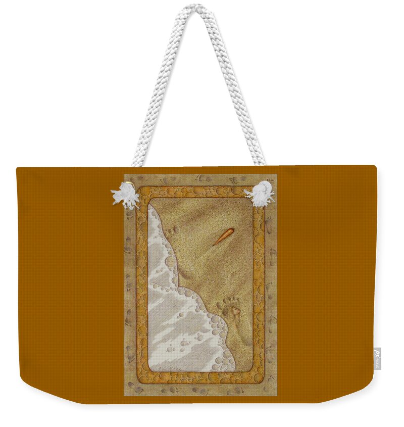 Kim Mcclinton Weekender Tote Bag featuring the painting Washed Away- Footprints, Foam, and Fate by Kim McClinton