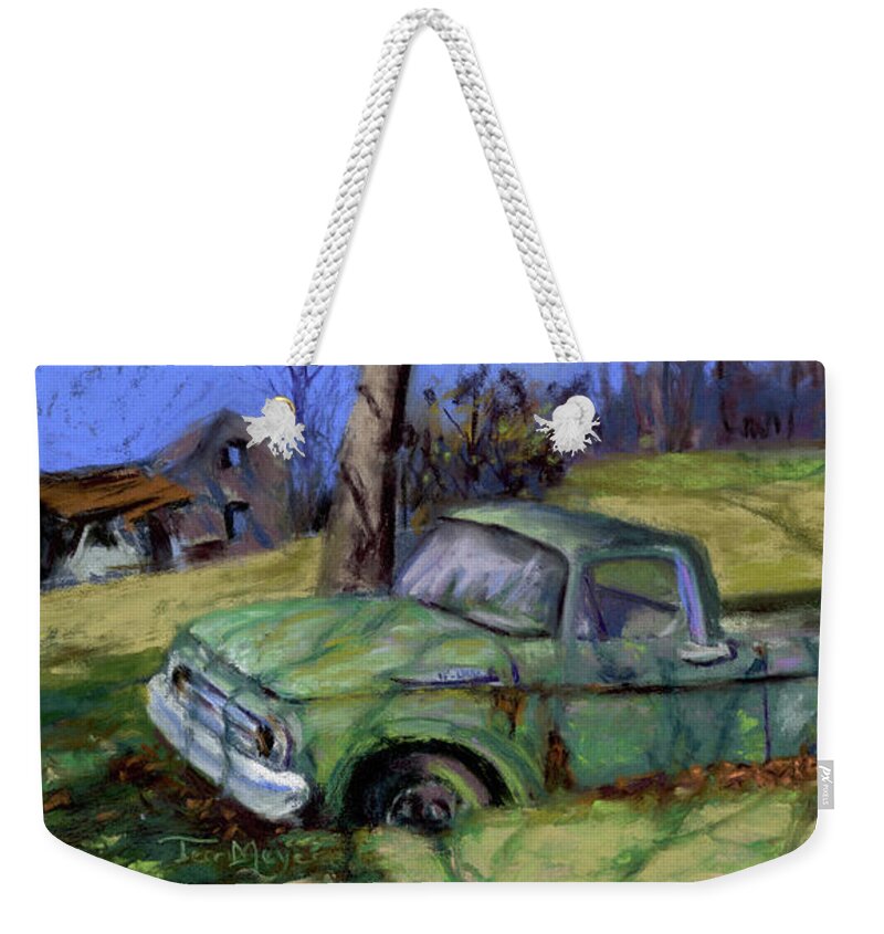 Painting Of A Vintage Ford F-100 By Terri Meyer Weekender Tote Bag featuring the painting Ford F-100, Remembering the good old days by Terri Meyer