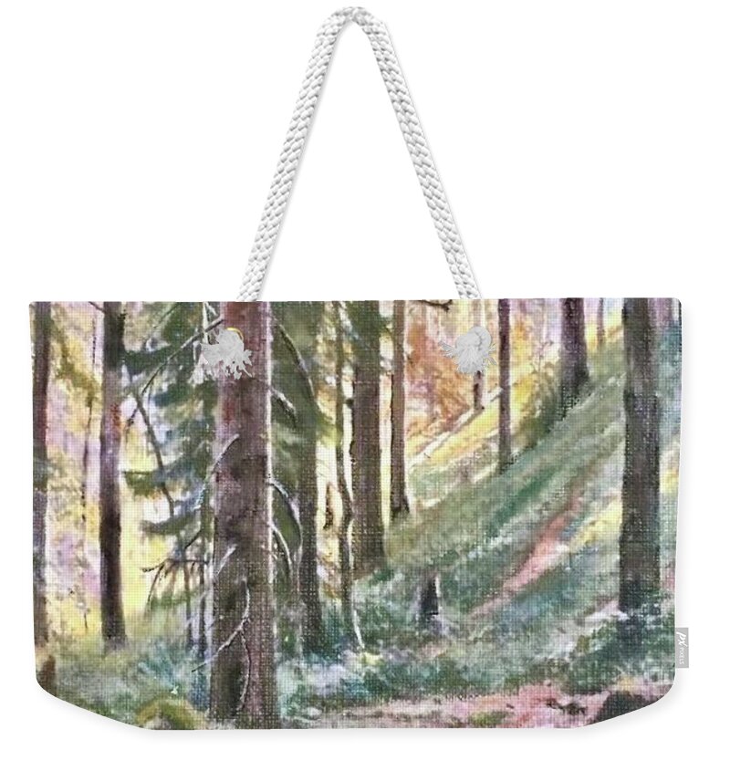 Forest Weekender Tote Bag featuring the painting Forest Light by Cara Frafjord