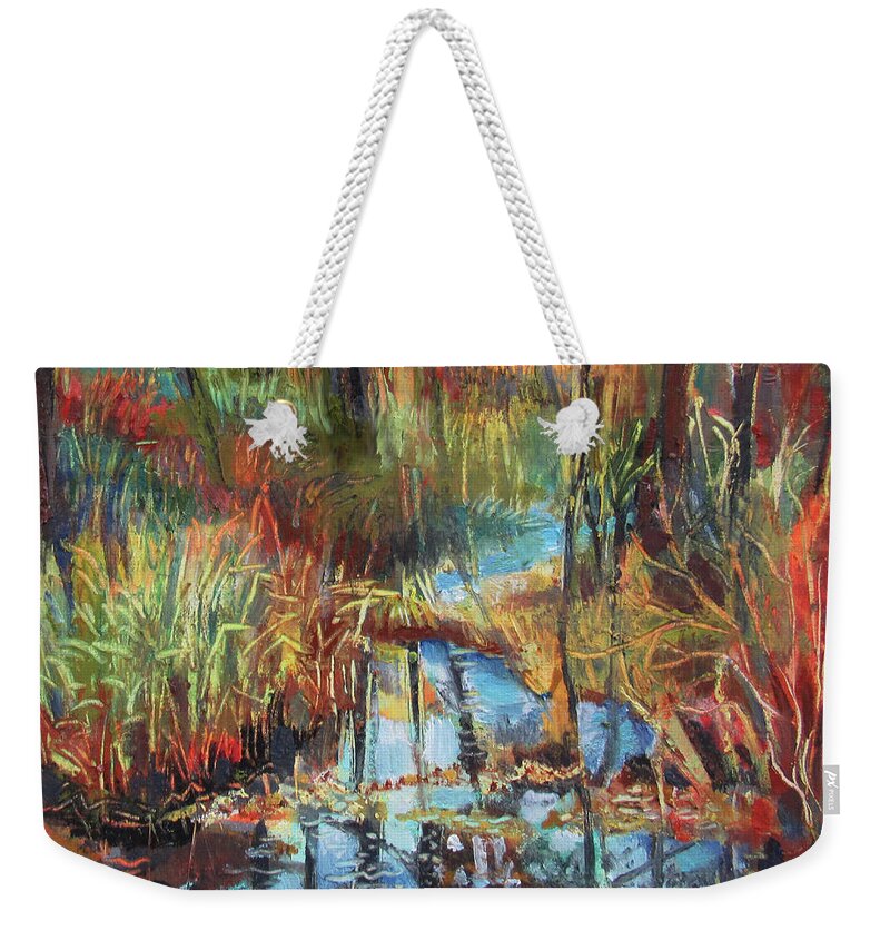 Cold Wax Painting Weekender Tote Bag featuring the painting Forest Stream Reflections by Jean Batzell Fitzgerald