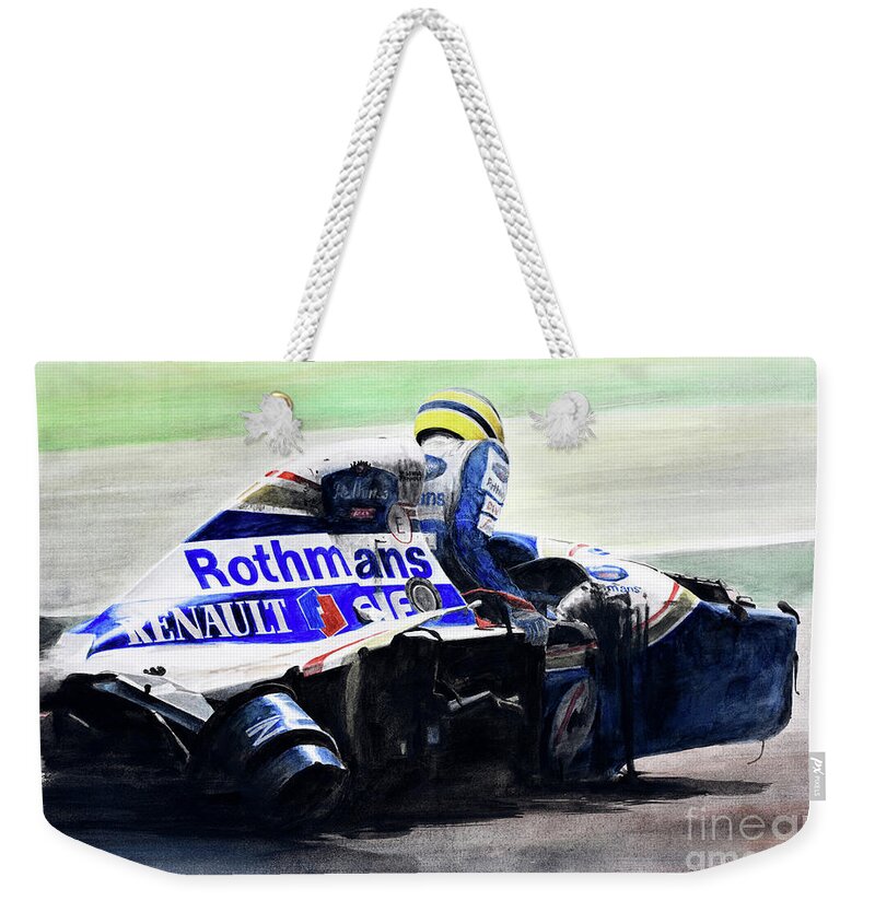 Ayrton Senna Weekender Tote Bag featuring the painting Formula Alone by Oleg Konin