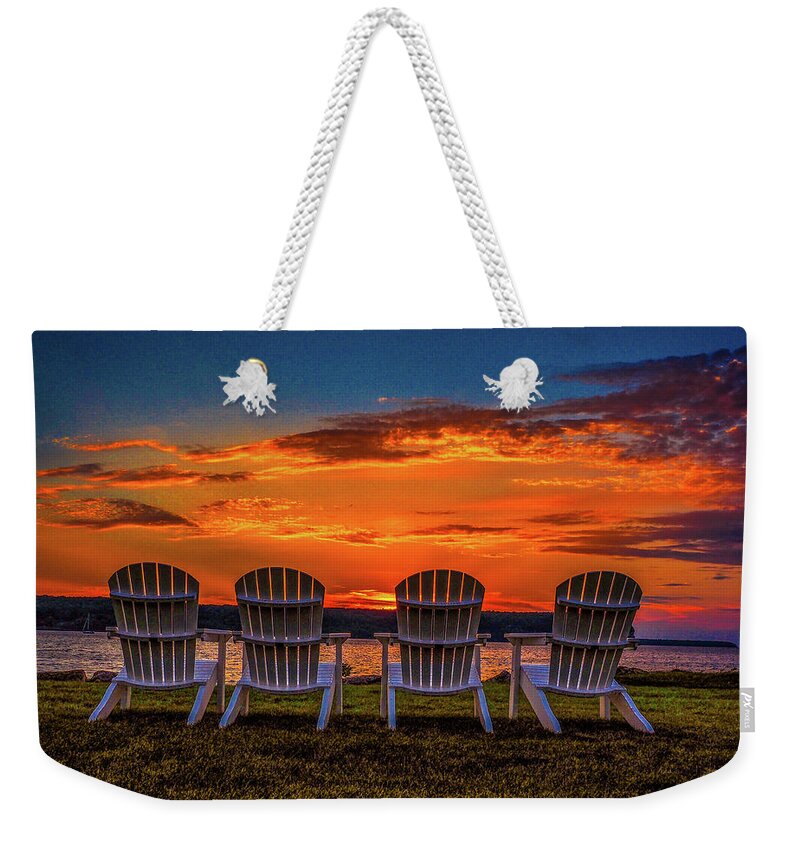 Sunset Weekender Tote Bag featuring the photograph Four Chairs at Sunset in Door County by James C Richardson