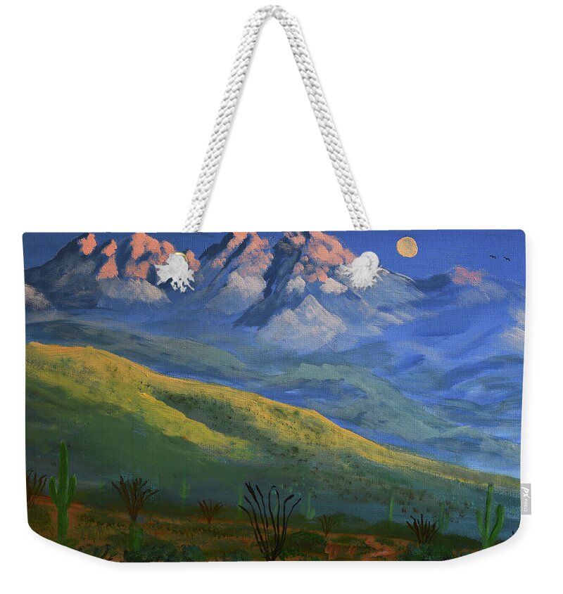 Four Peaks Weekender Tote Bag featuring the painting Four Peaks Snow by Chance Kafka