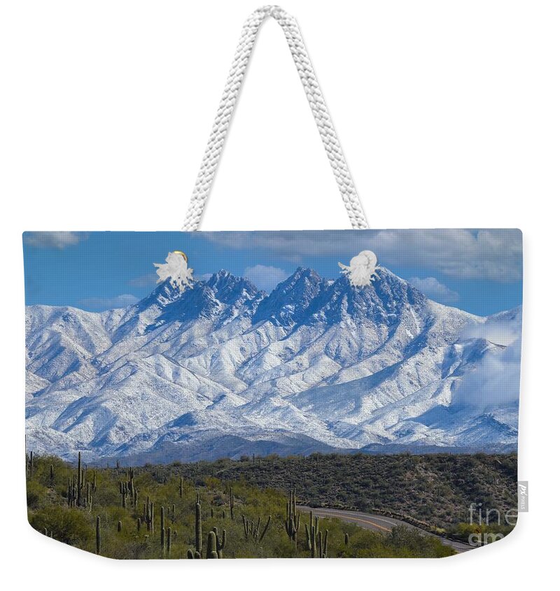 Four Peaks Winter 2022 Weekender Tote Bag featuring the digital art Four Peaks Winter 2022 by Tammy Keyes