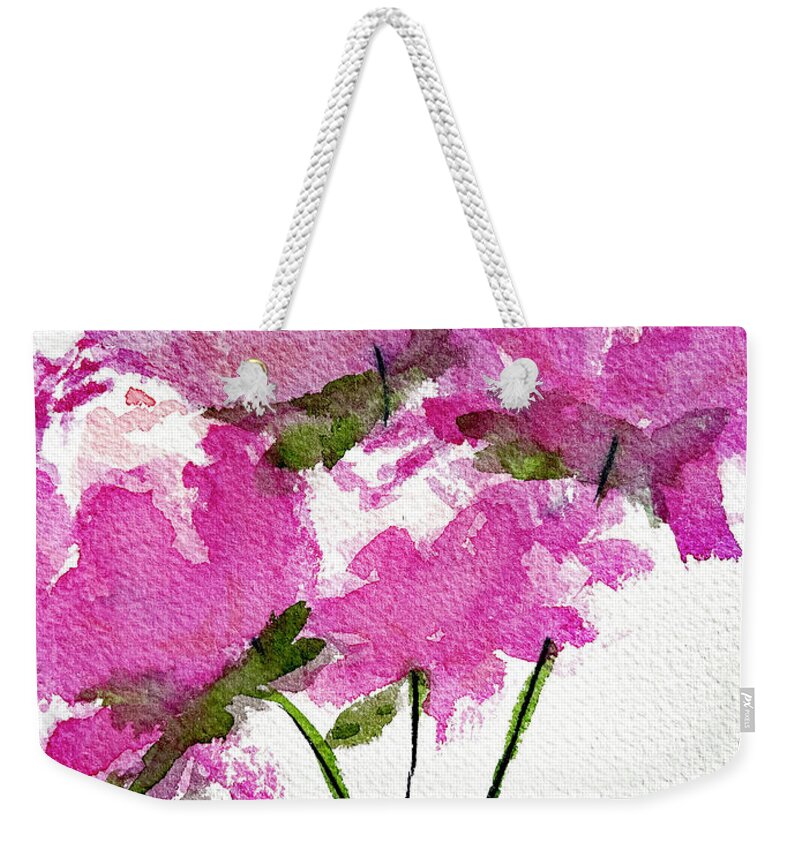 Peonies Weekender Tote Bag featuring the painting Four Peonies Blooming by Roxy Rich