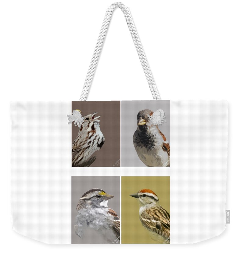 Birds Weekender Tote Bag featuring the mixed media Four Sparrows by Judy Cuddehe