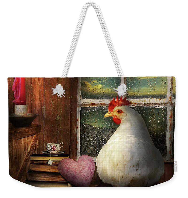 Fowl Weather Weekender Tote Bag featuring the digital art Fowl Weather - Cooped up by Mike Savad