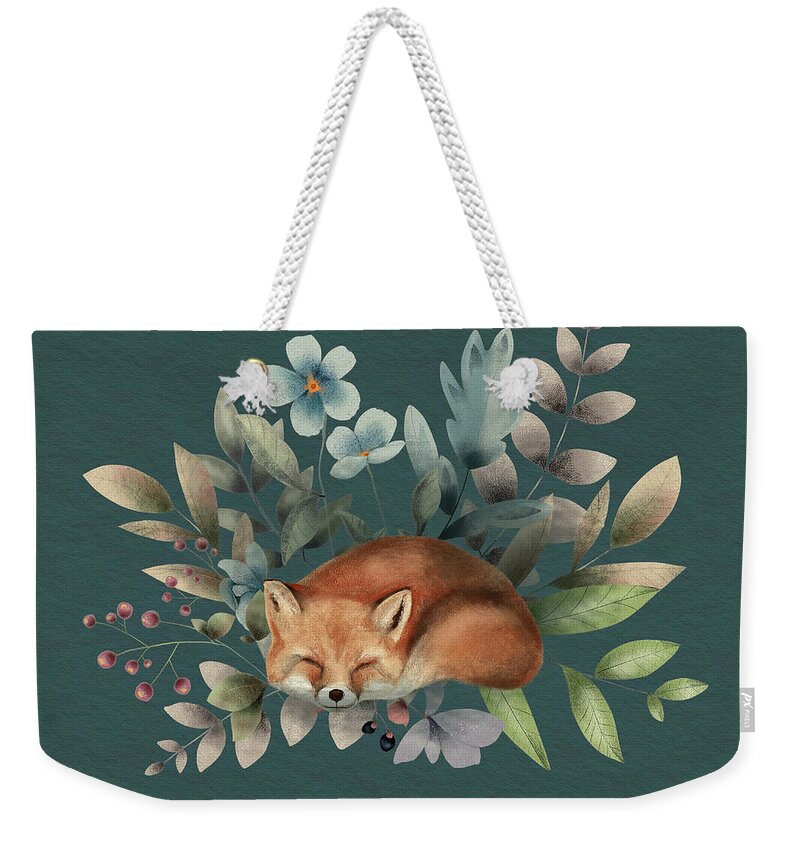 Fox Weekender Tote Bag featuring the painting Fox With Flowers by Garden Of Delights