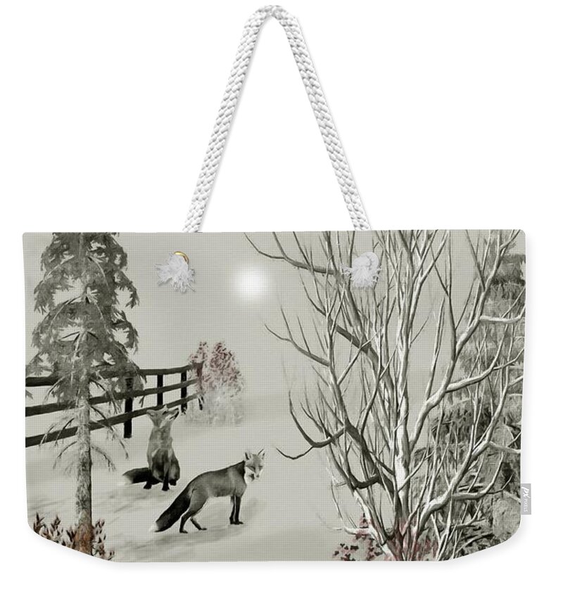 Fox Weekender Tote Bag featuring the mixed media Foxes near the corral Winter Morning B W by David Dehner
