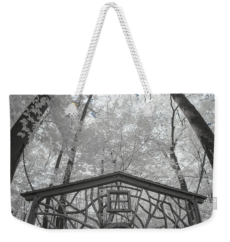 Ma Mass Massachusetts Newengland Usa U.s.a. New England Ir Infrared 720nm Brian Hale Brianhalephoto Fisheye Fish Eye Fish-eye House Frame Art Installation Trees Woods Forest Garden In The Woods Framingham Weekender Tote Bag featuring the photograph Framed In Framingham by Brian Hale
